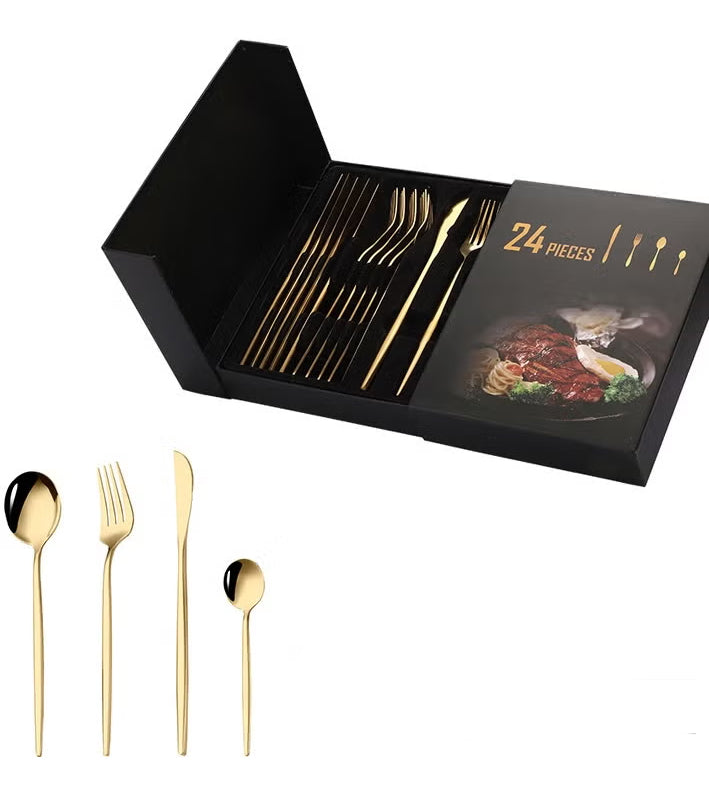 YAH Luxury 24-Piece Golden Stainless Steel Cutlery Set, Spoon Fork Knife Flatware for 6, Mirror Polished, Dishwasher Safe in a Unique Gift Box.