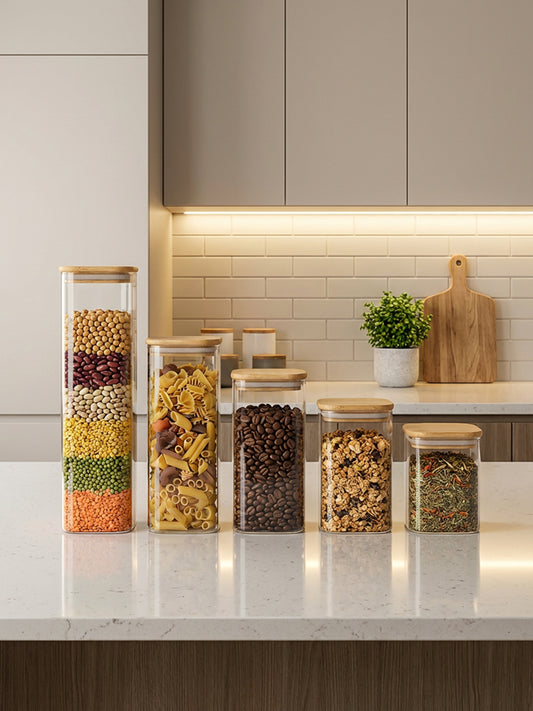 YAH 5-Piece Luxurious Airtight Glass Jar Set with Bamboo Lids