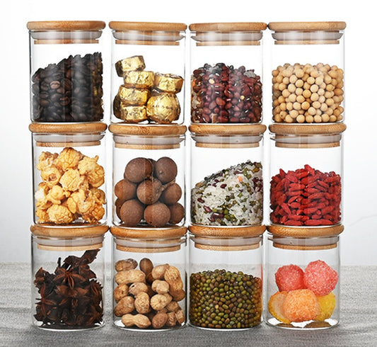 YAH 12-Piece Luxurious Airtight Glass Spice Jars with Bamboo Lids