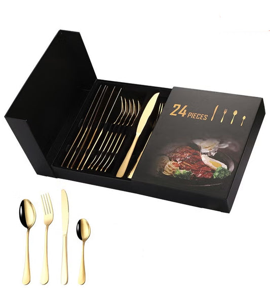 YAH Luxury 24-Piece Golden Stainless Steel Cutlery Set, Spoon Fork Knife Flatware for 6, Mirror Polished, Dishwasher Safe in a Unique Gift Box.