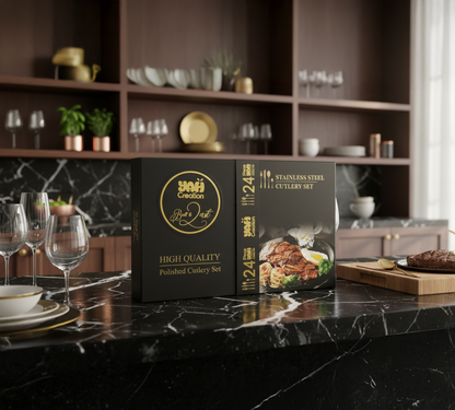 YAH Luxury 24-Piece Golden Stainless Steel Cutlery Set, Spoon Fork Knife Flatware for 6, Mirror Polished, Dishwasher Safe in a Unique Gift Box.