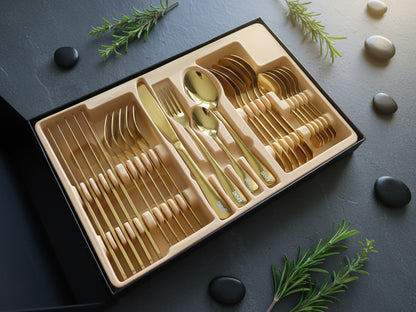 YAH Luxury 24-Piece Golden Stainless Steel Cutlery Set, Spoon Fork Knife Flatware for 6, Mirror Polished, Dishwasher Safe in a Unique Gift Box.