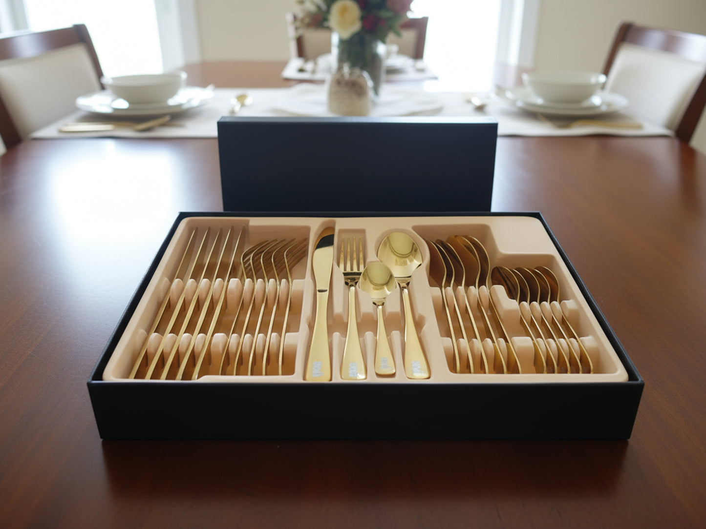 YAH Luxury 24-Piece Golden Stainless Steel Cutlery Set, Spoon Fork Knife Flatware for 6, Mirror Polished, Dishwasher Safe in a Unique Gift Box.