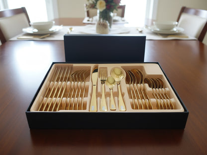 YAH Luxury 24-Piece Golden Stainless Steel Cutlery Set, Spoon Fork Knife Flatware for 6, Mirror Polished, Dishwasher Safe in a Unique Gift Box.
