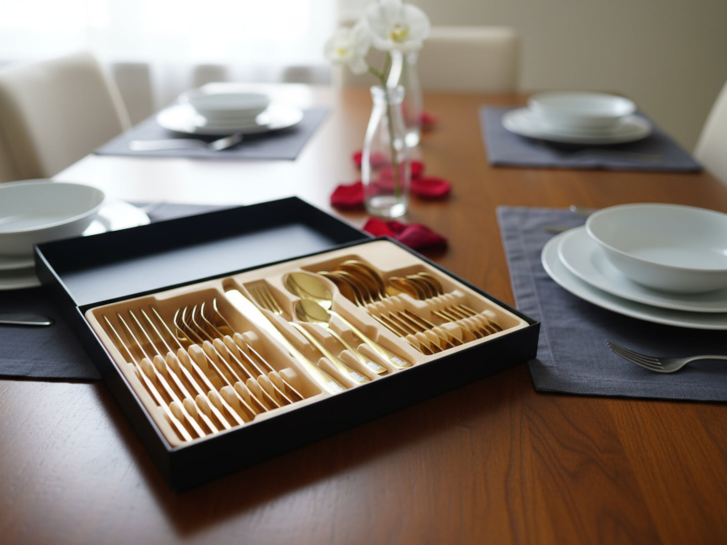 YAH Luxury 24-Piece Golden Stainless Steel Cutlery Set, Spoon Fork Knife Flatware for 6, Mirror Polished, Dishwasher Safe in a Unique Gift Box.