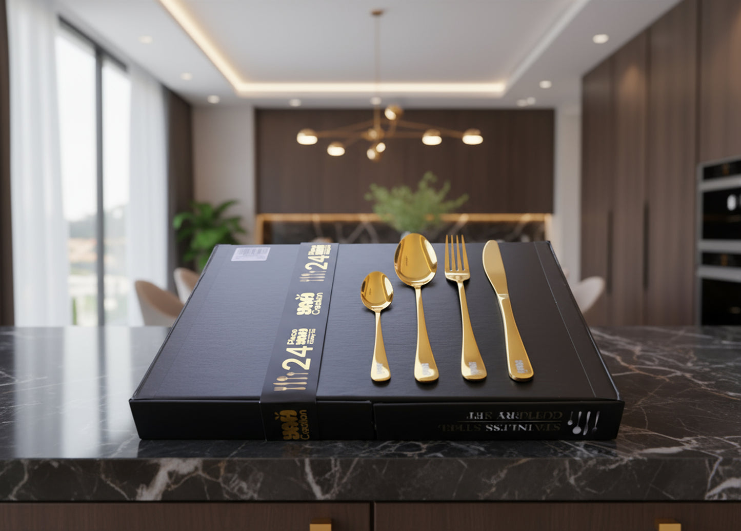 YAH Luxury 24-Piece Golden Stainless Steel Cutlery Set, Spoon Fork Knife Flatware for 6, Mirror Polished, Dishwasher Safe in a Unique Gift Box.