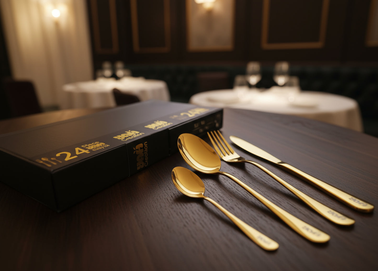 YAH Luxury 24-Piece Golden Stainless Steel Cutlery Set, Spoon Fork Knife Flatware for 6, Mirror Polished, Dishwasher Safe in a Unique Gift Box.
