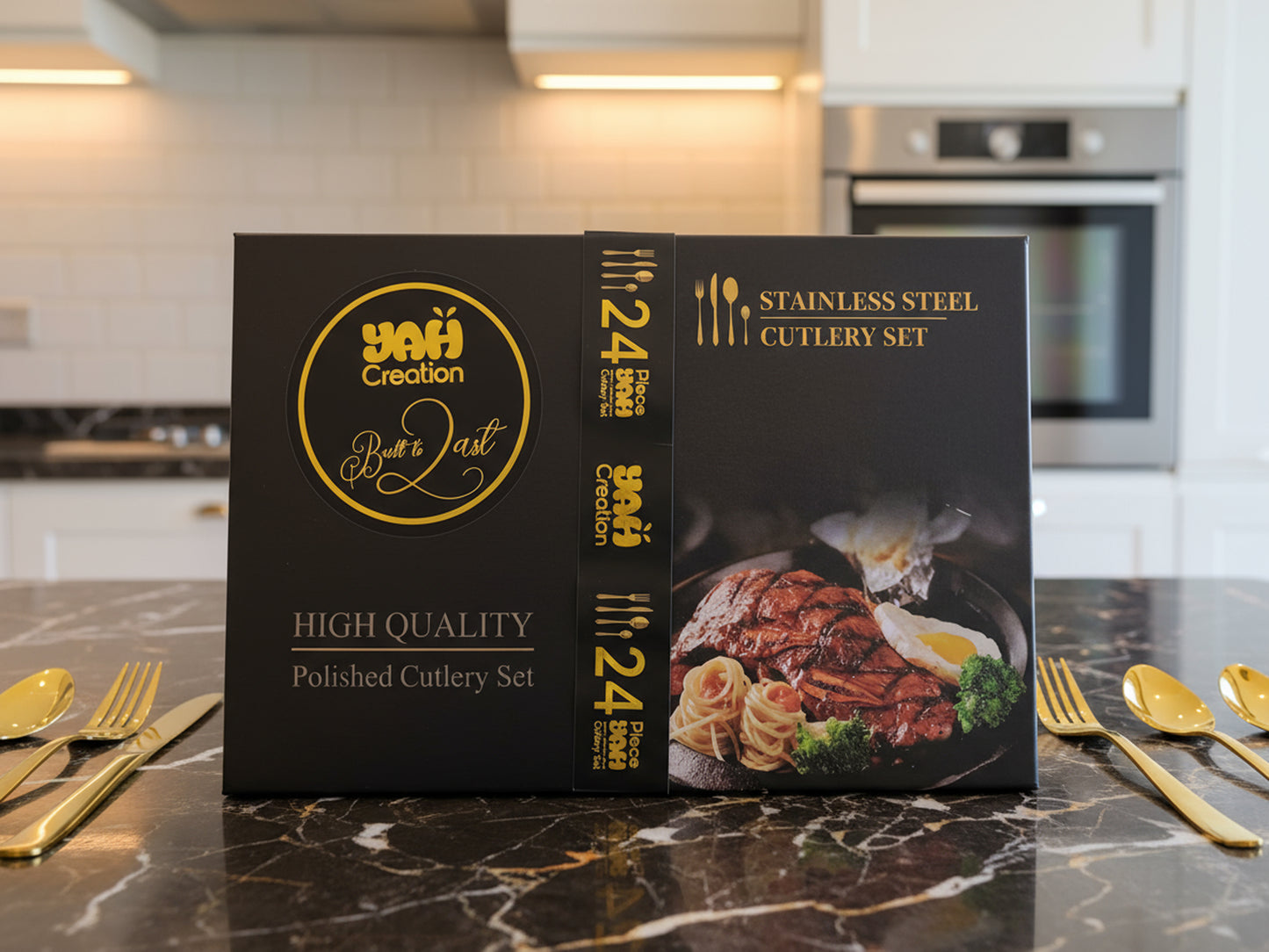 YAH Luxury 24-Piece Golden Stainless Steel Cutlery Set, Spoon Fork Knife Flatware for 6, Mirror Polished, Dishwasher Safe in a Unique Gift Box.