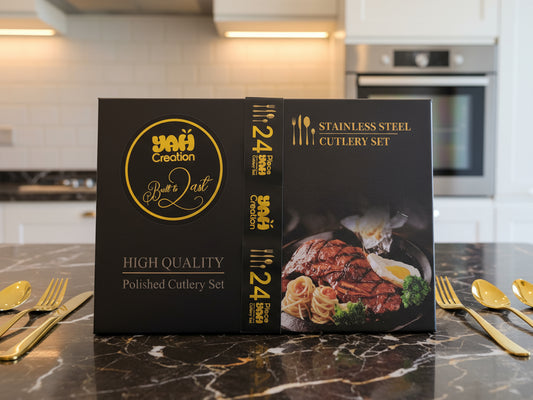 YAH Luxury 24-Piece Golden Stainless Steel Cutlery Set, Spoon Fork Knife Flatware for 6, Mirror Polished, Dishwasher Safe in a Unique Gift Box.