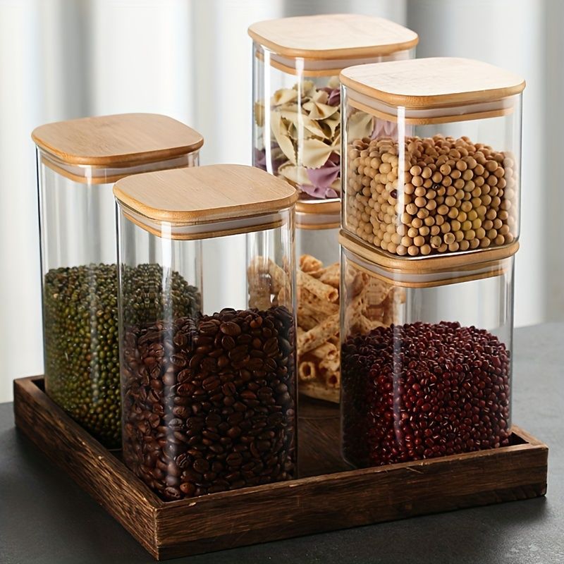 YAH 5-Piece Luxurious Airtight Glass Jar Set with Bamboo Lids